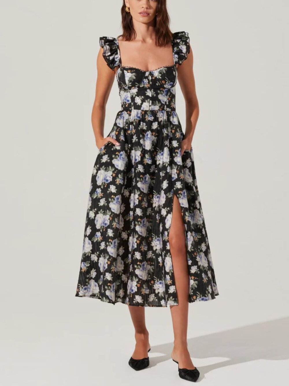 ASTR the Label Wedelia Black Blue Floral Bustier Midi Dress Small 8207 - Picture 3 of 14